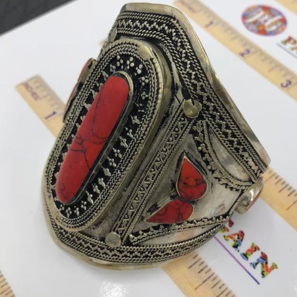 single Tribal Stone Cuff, Coral Stone Ethnic Afghan Cuff Bracelet, Handmade Afgh - Picture 5 of 8